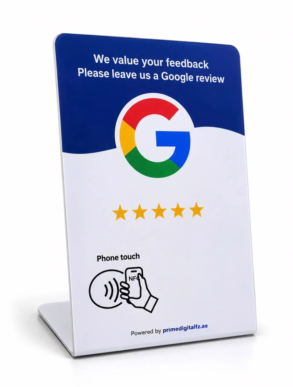 NFC Google review card with tabletop stand, showing the tap-your-phone NFC symbol and five stars.