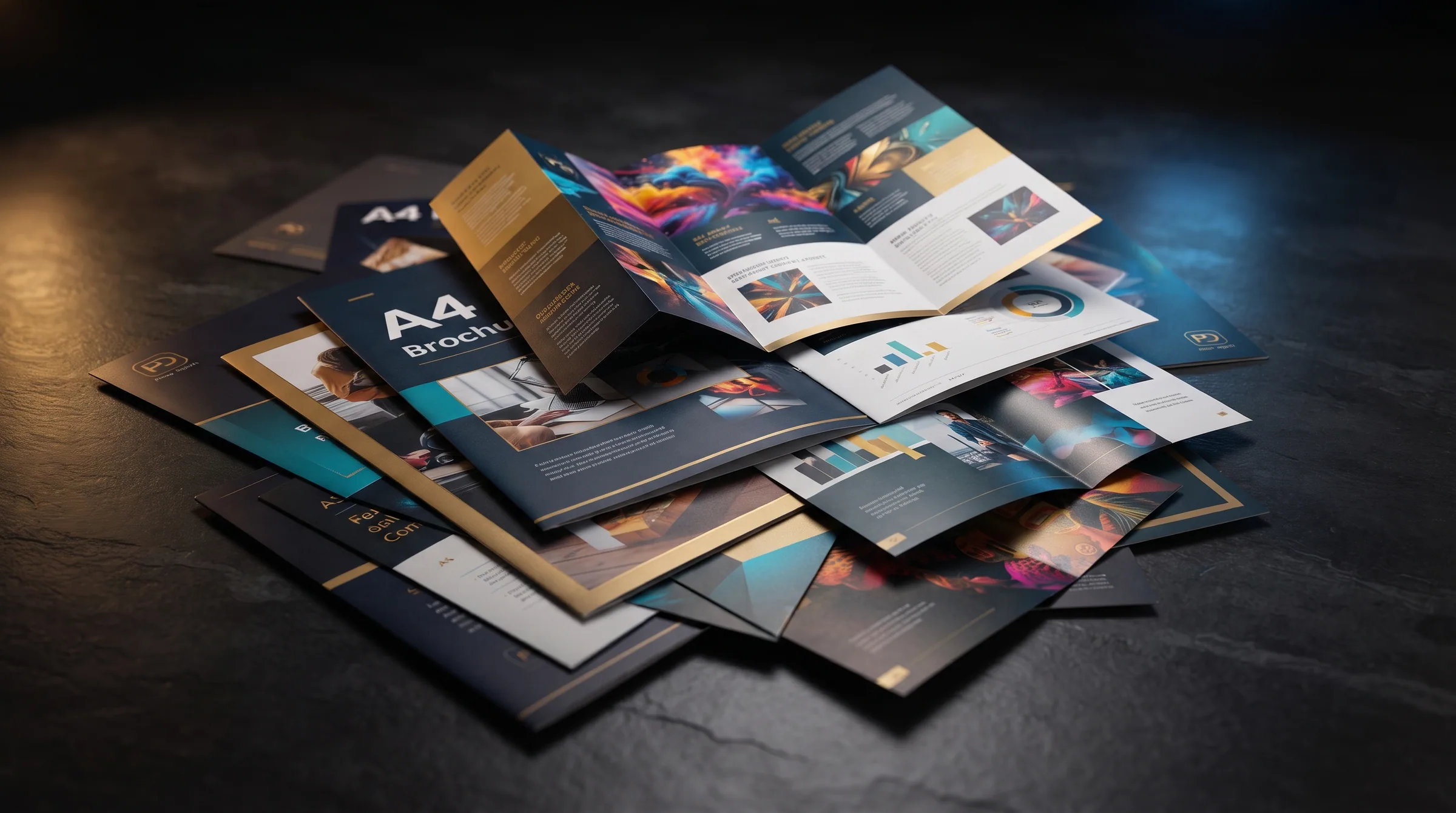 Freshly printed brochures and flyers on press.