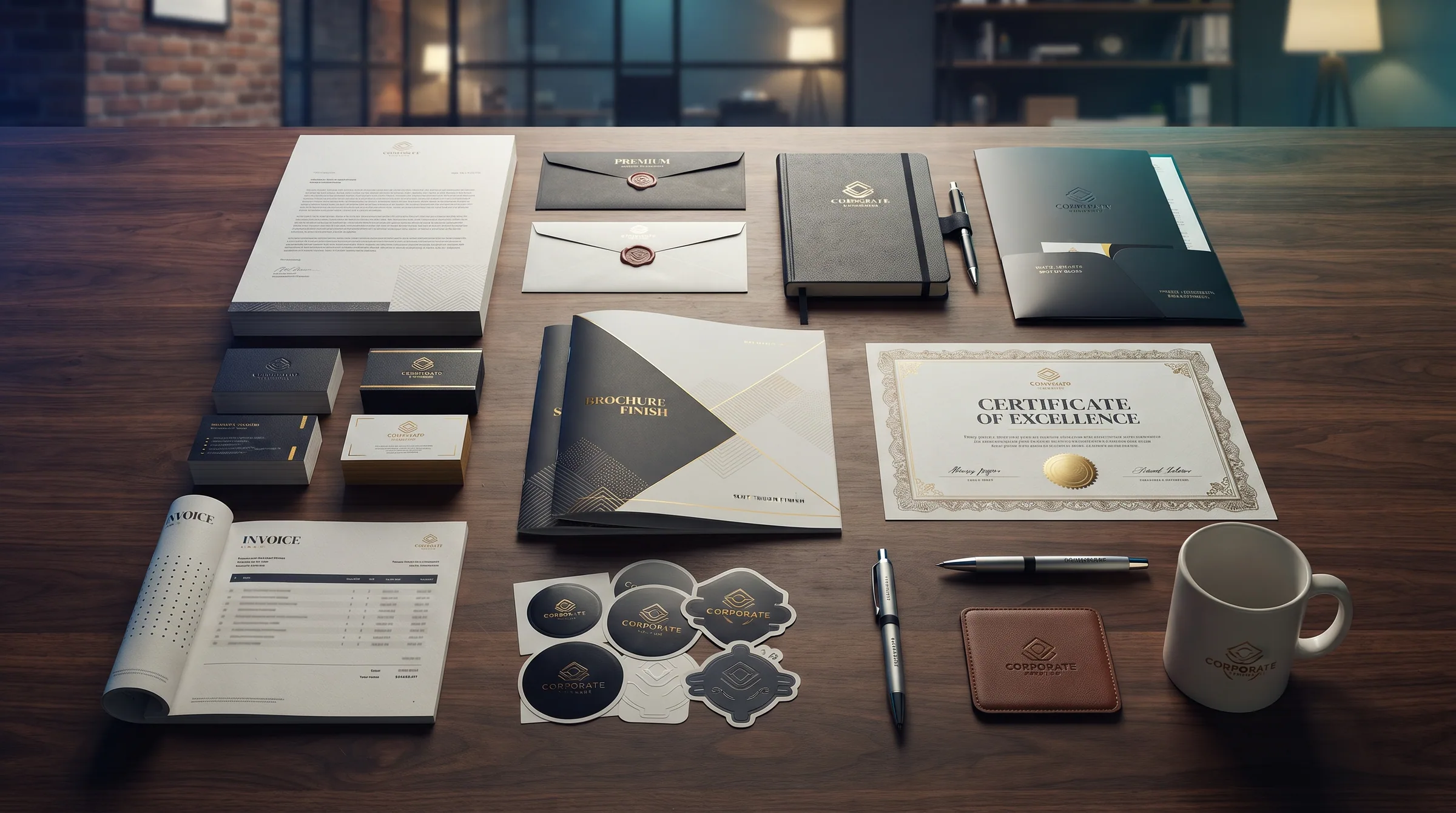 Corporate print collateral laid out flat — folders, documents and branded stationery.