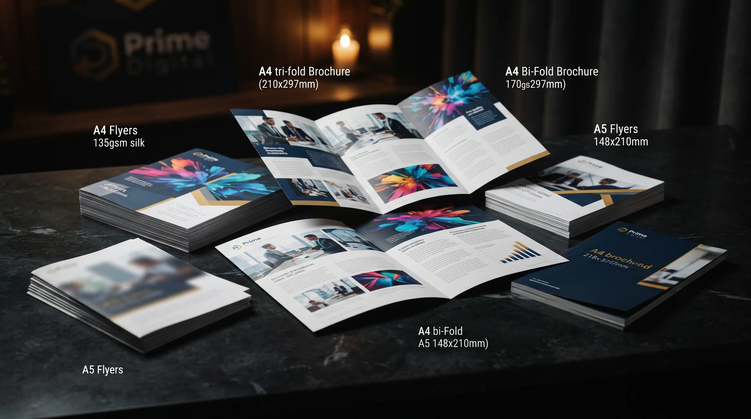 Printed flyers and brochures arranged on a dark surface.