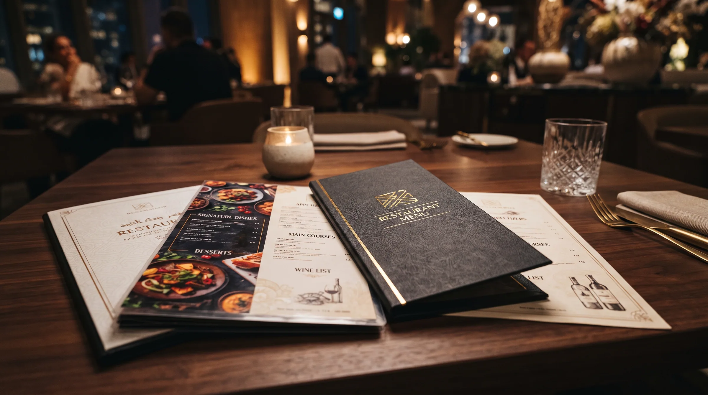 Printed restaurant menus laid on a dark table.