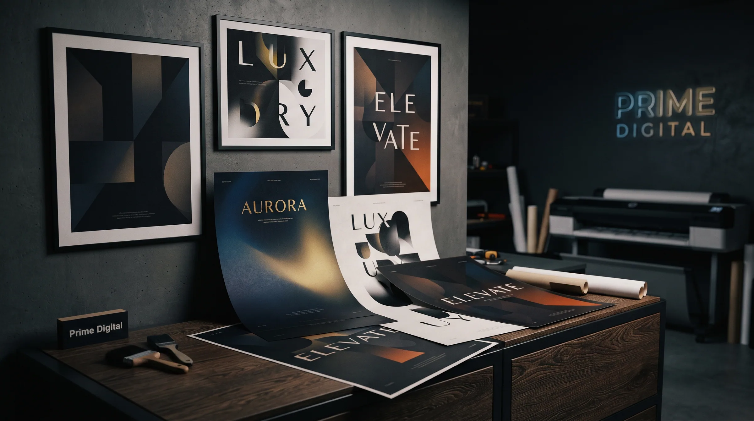 Large-format posters displayed in a studio.