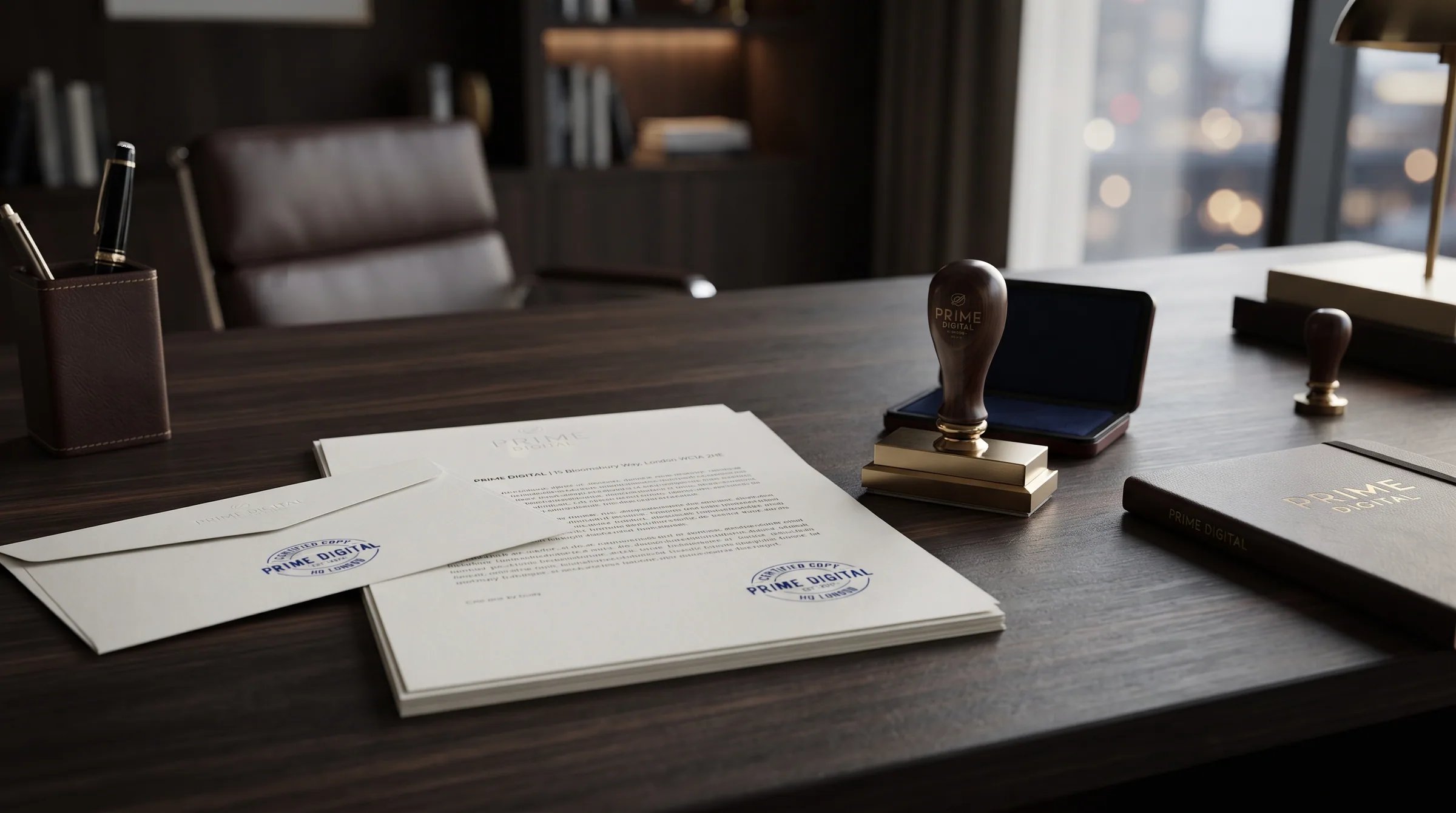 Company stamp resting on corporate stationery.