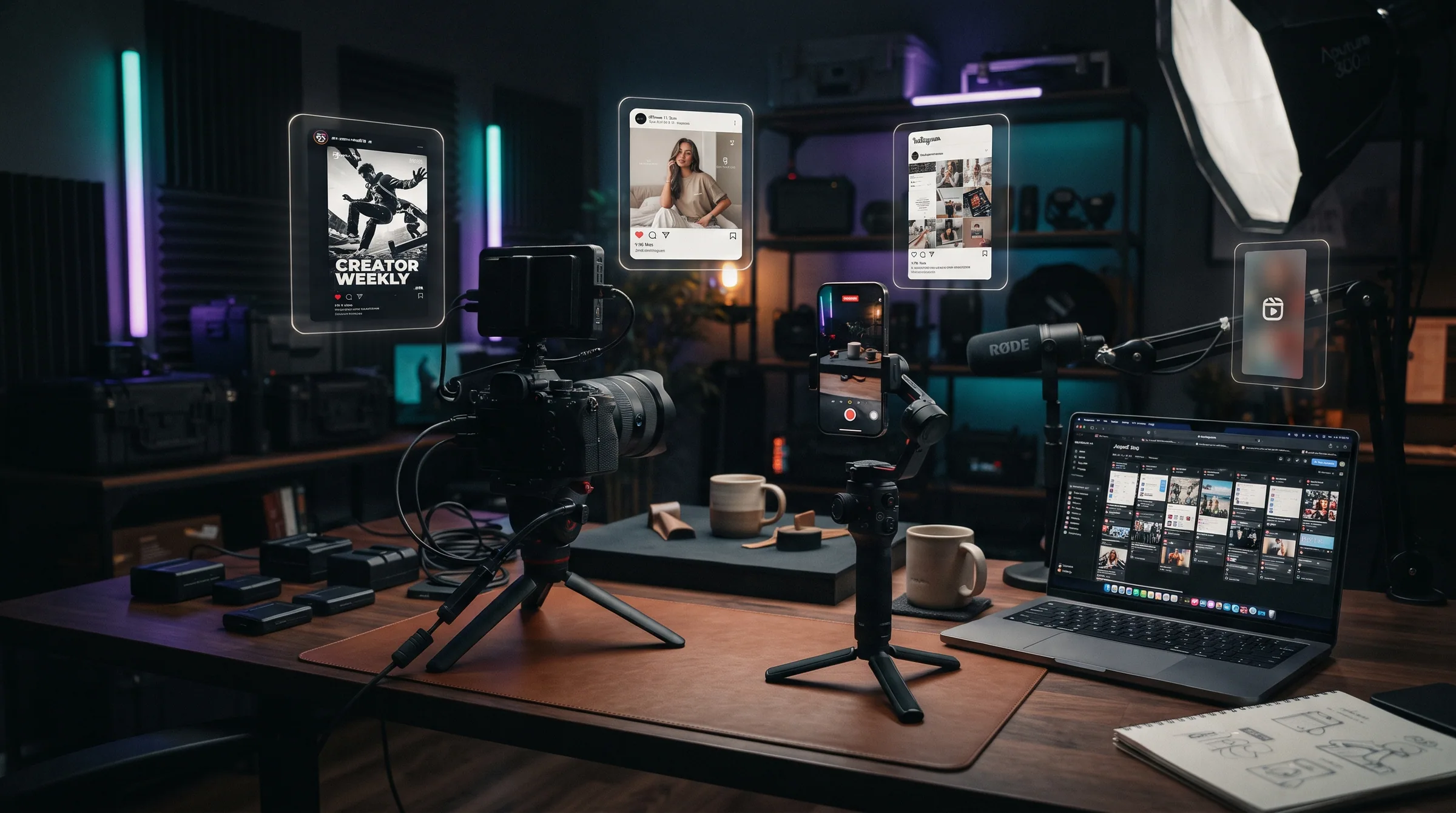 Content production desk — mirrorless camera on a tripod, phone on a gimbal, broadcast microphone and softbox, with social posts previewed above it.
