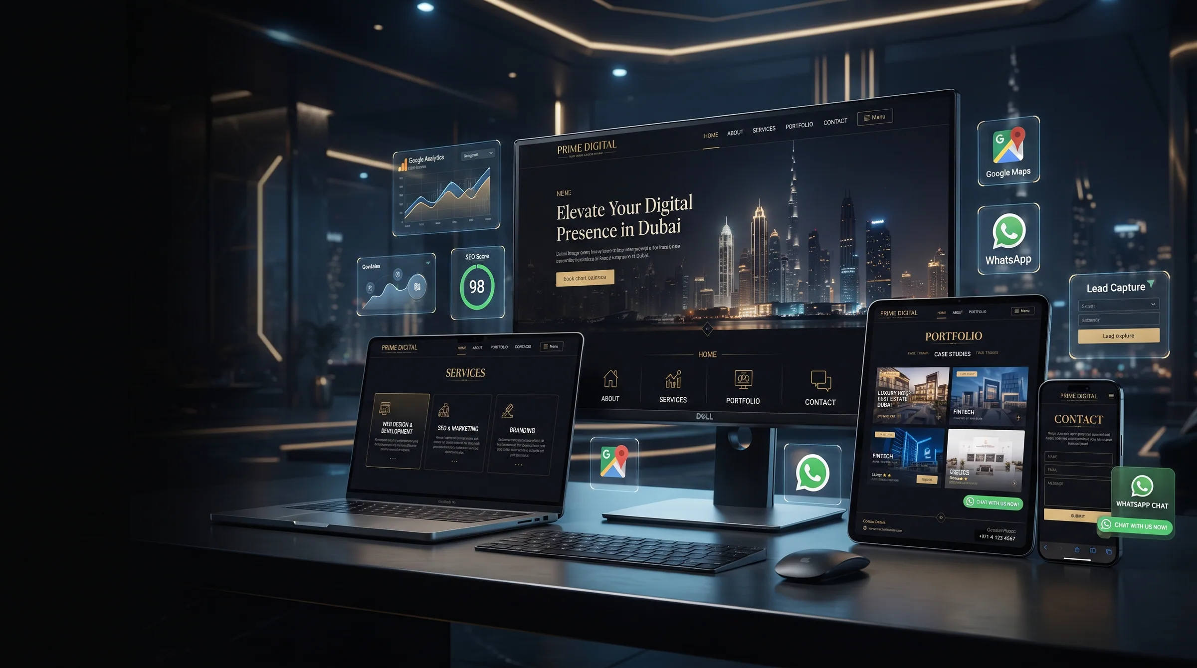 Corporate website design shown on a large display in a dark studio.